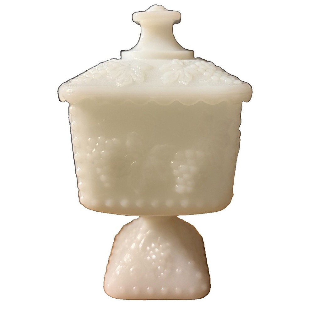Westmoreland Milk Glass Paneled Grape Covered Pedestal Candy Dish Compote Vtg 8"
